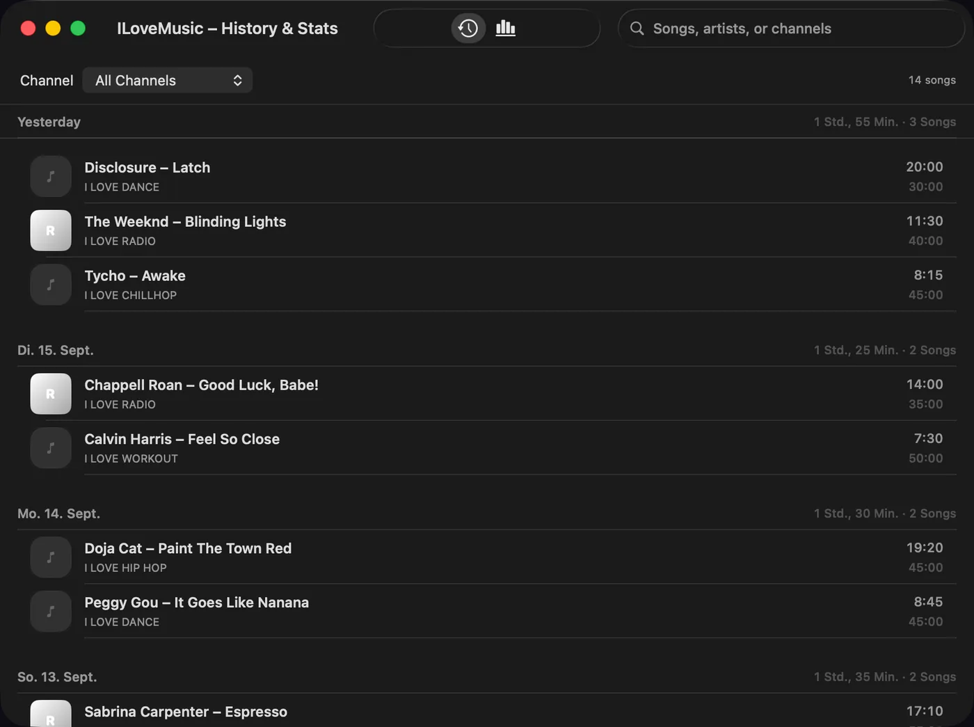 Verlaufsfenster mit gehörten Songs und Sendern